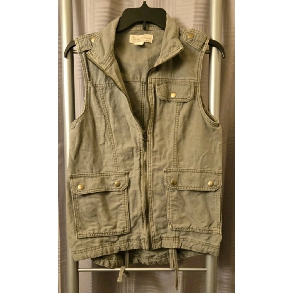 Green LUCKY BRAND Grunge Army Woven Cotton Linen Jacket Safari Travel Top Vest S